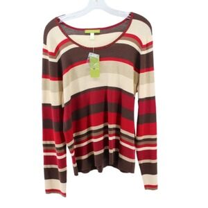 Sigrid Olsen Striped Sweater Womens XL Red‎ Brown Cream Cotton Blend NWT